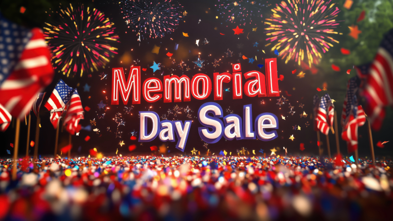 Adobe Stock - Memorial Day Sale sign with Fireworks in background
