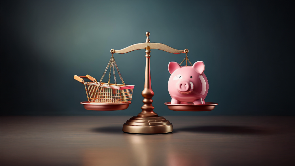 Adobe Stock - Scale with piggy bank on one side and shopping cart on the other