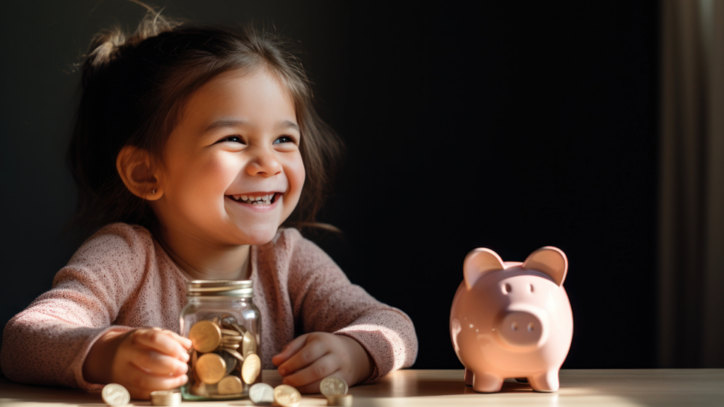 Adobe Stock - Child with jar of coins next to a piggy bank.