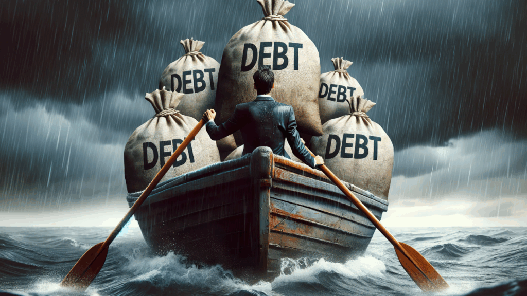 Adobe Stock - A man rowing a boat with a lot of burlaps sack marked "debt"