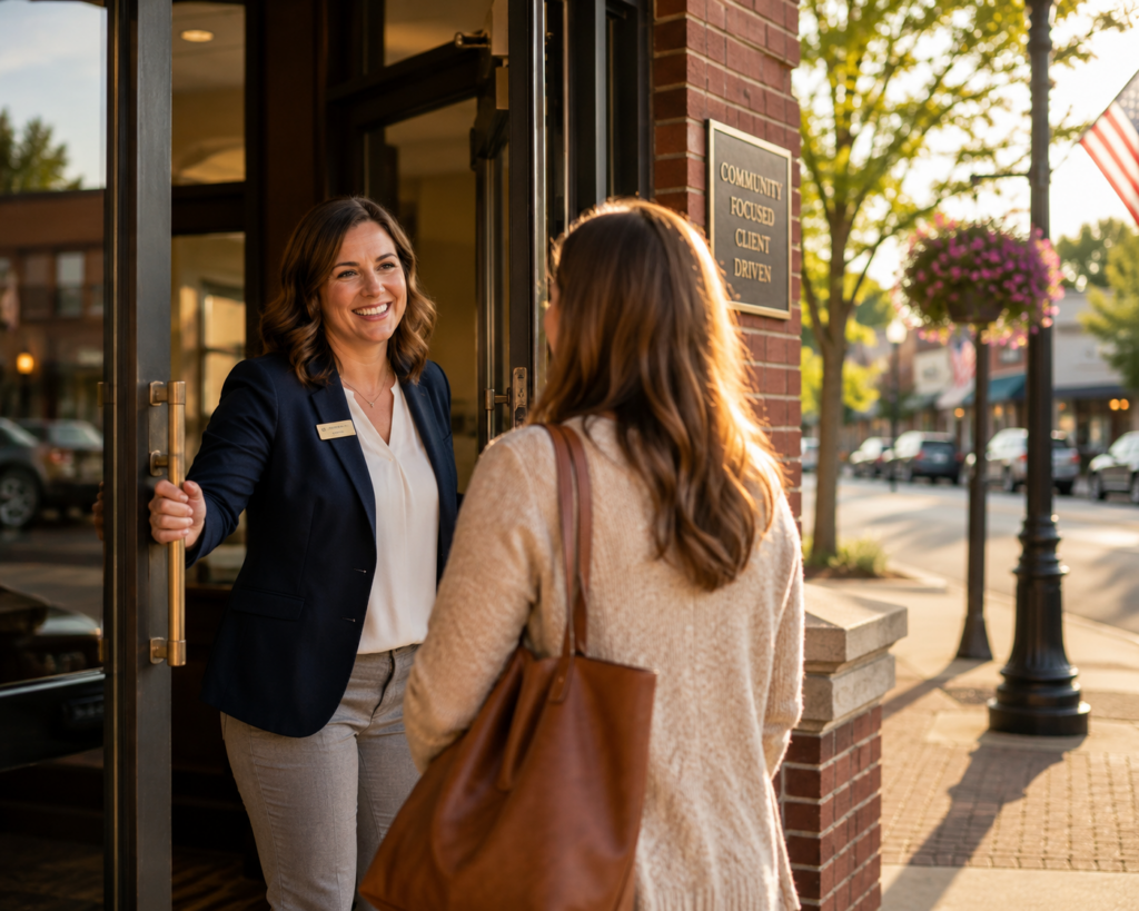 Smiling woman employee with badge holding the door open for customer.