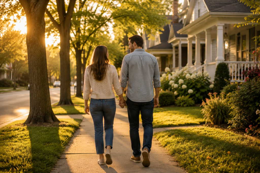 Couple walking hand in hand down Midwest neighborhood