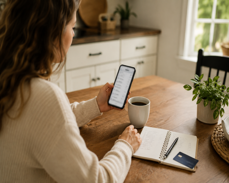 A woman sitting at table, drinking coffee and doing finances.