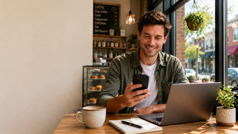 Man on his phone with laptop next to him in a Midwestern neighborhood coffee shop
