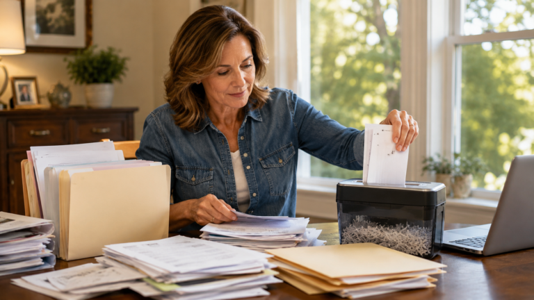 A woman in her late 40s shredding paper at her desk