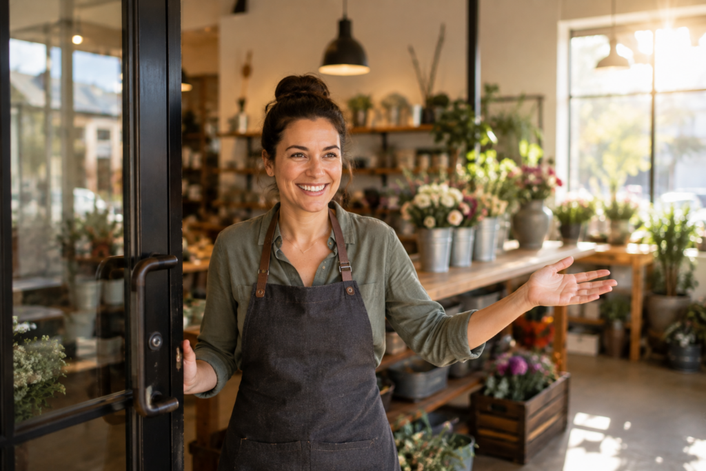 Friendly business opener smiling and opening door