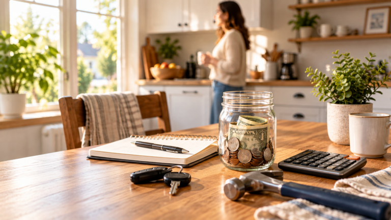 Midwestern home with a clear glass savings jar containing a modest amount of cash and coins, an open household budget notebook, a calculator