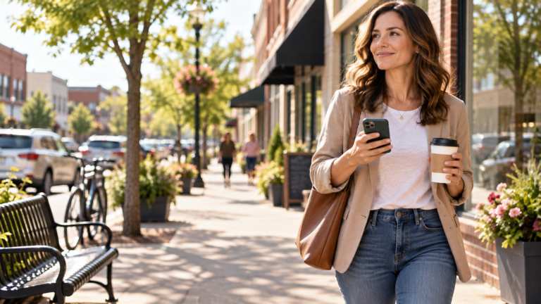 Women late 30s or early 40s walking through a lively, attractive small downtown or neighborhood business district in the Midwest on a bright morning.