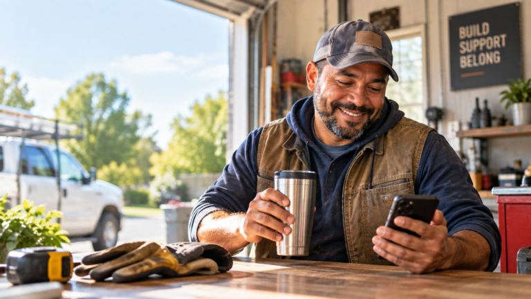 A blue collar working man looking at his mobile phone.