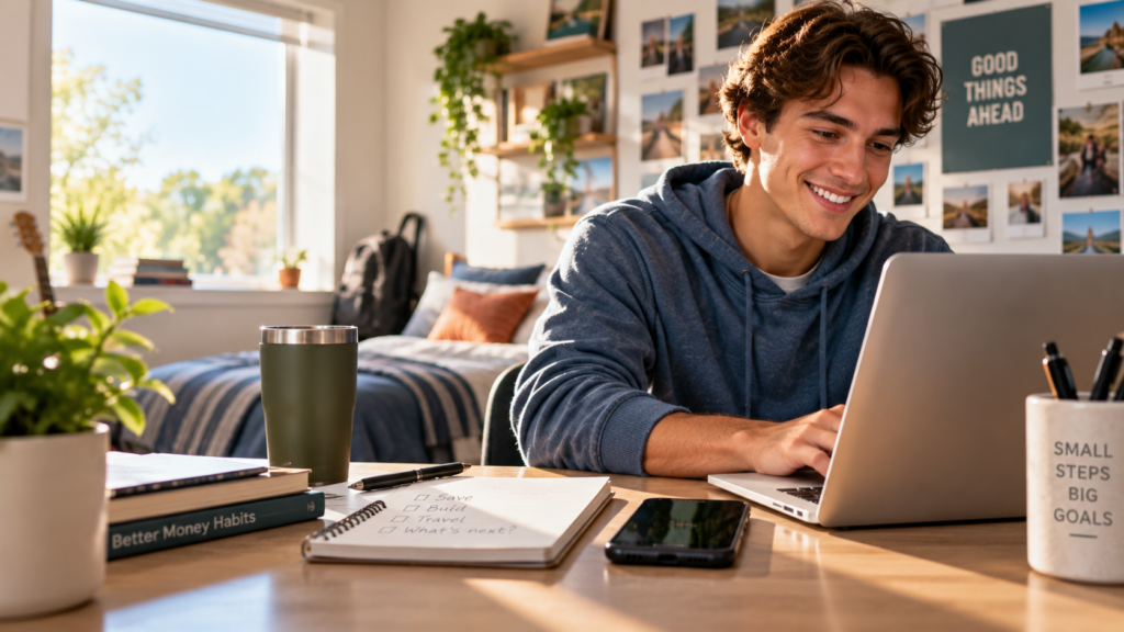 Young adult male in his room smiling and working on his laptop.