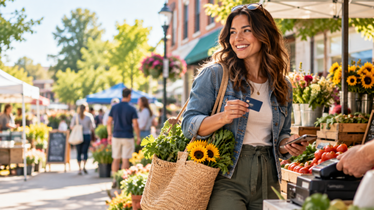 An adult woman in her early 30s walking through a colorful neighborhood farmers market with debit card in one hand and mobile phone in the other.