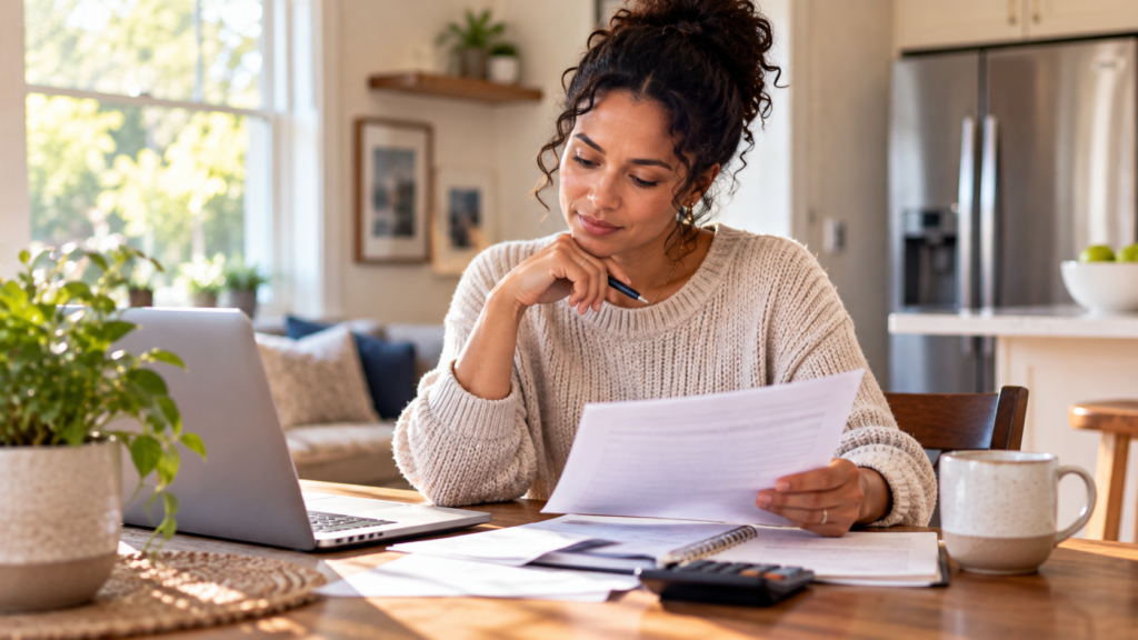 Focused woman reviewing papers.