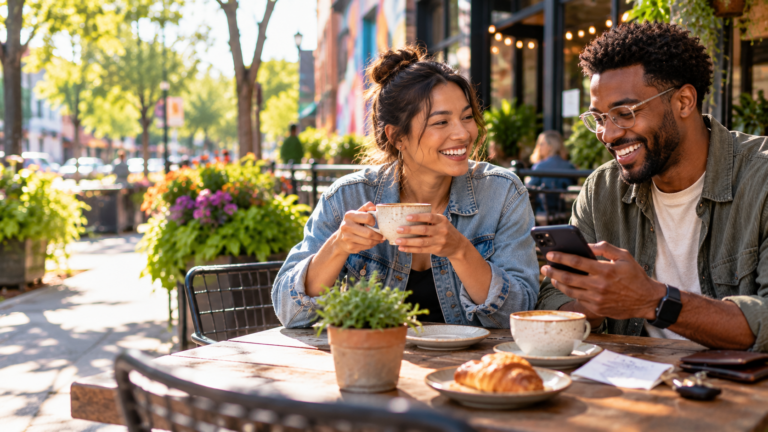 Outdoor cafe with friends smiling at each other.